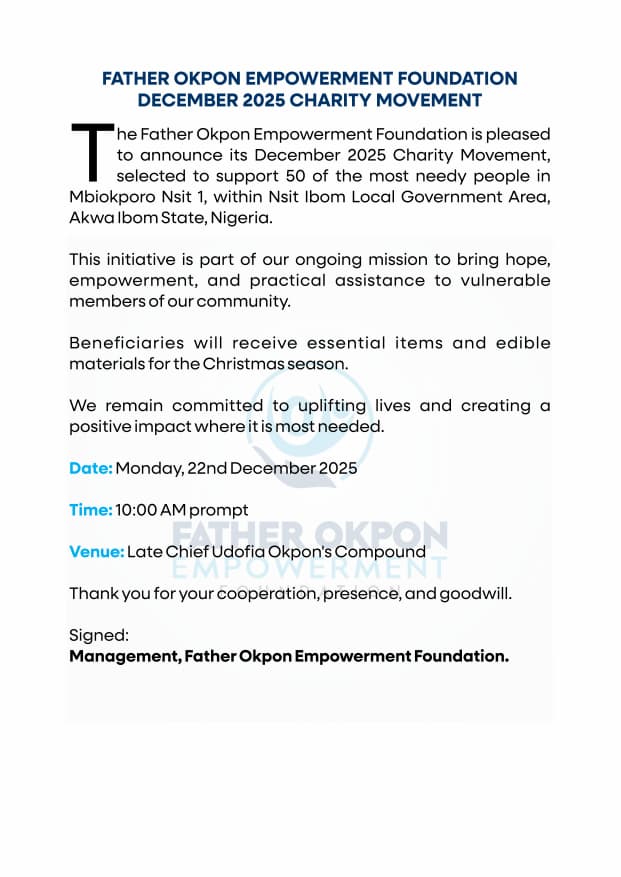 Father okpon empowerment foundation December 2025 charity movement
